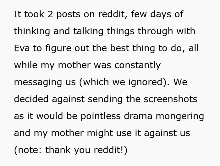 A Reddit post discussing how a guy and his girlfriend Eva decided not to send screenshots to his mom who insulted her vitiligo.