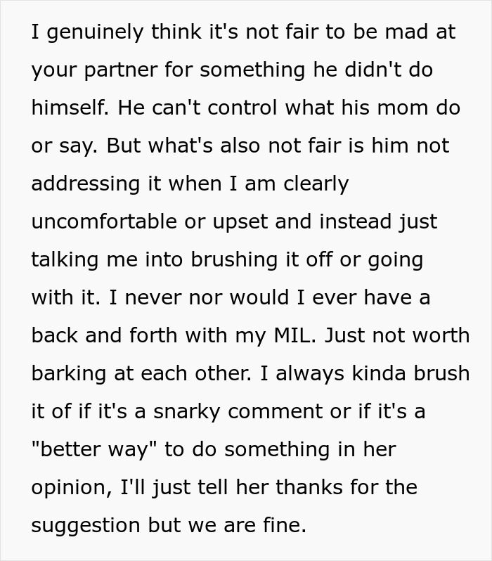 Screenshot of text explaining why partner shouldn't be mad, highlighting the MIL driving woman to leave her son. Screenshot of text explaining why partner shouldn't be mad, highlighting the MIL driving woman to leave her son.