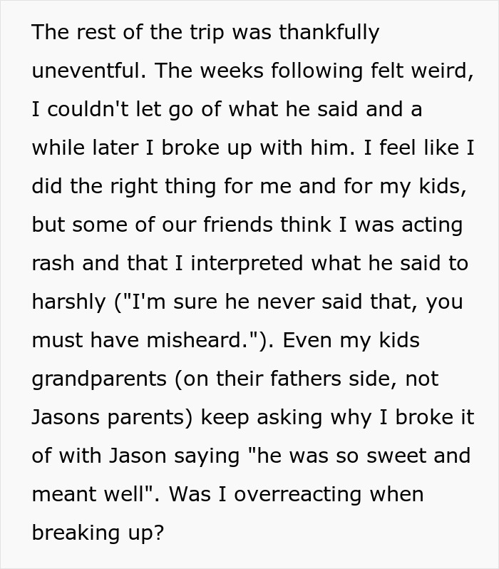 Text outlining a breakup, questioning if it was an overreaction to a partner's preposterous suggestion about children. Text outlining a breakup, questioning if it was an overreaction to a partner's preposterous suggestion about children.