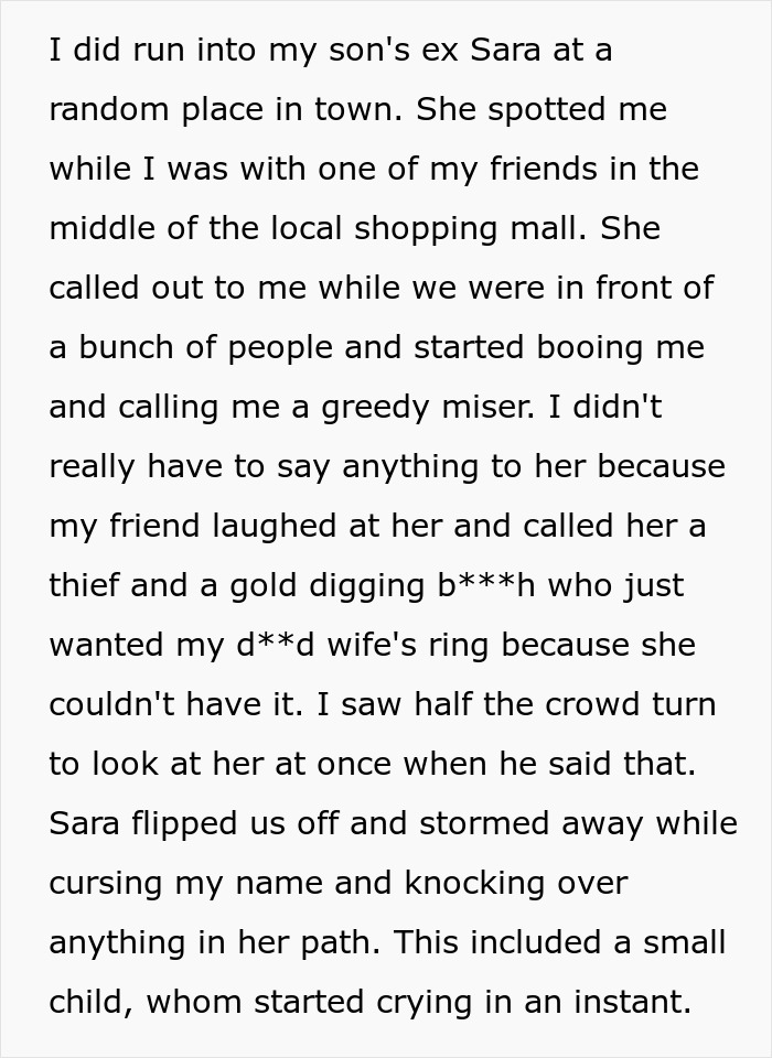 Son's ex-girlfriend Sara calls dad a greedy miser after son stole family heirloom to propose, causes scene. Son's ex-girlfriend Sara calls dad a greedy miser after son stole family heirloom to propose, causes scene.
