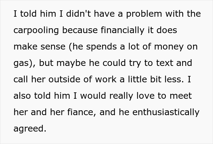 Screenshot of text where GF expresses comfort with carpooling but asks BF to reduce outside work contact with female friends.