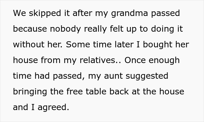 Screenshot of text explaining the history of a family free table tradition.