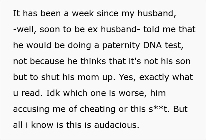 A woman is driven to leave her son due to MIL interference, leading to a paternity DNA test. A woman is driven to leave her son due to MIL interference, leading to a paternity DNA test.