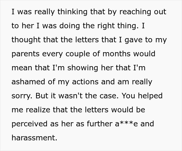 Text discussing a guy's regret over letters after his violent fight with sister and family estrangement.