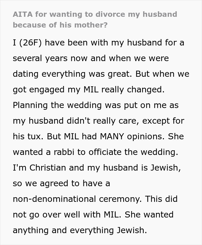 Screenshot of text discussing a wife's frustration with her husband's mom controlling their marriage decisions. Screenshot of text discussing a wife's frustration with her husband's mom controlling their marriage decisions.