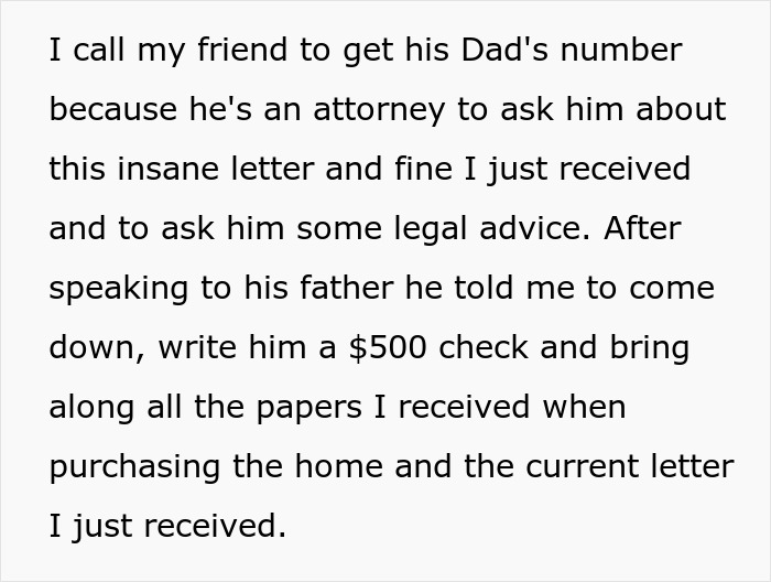 Homeowner fighting back against HOA: an image of text describing seeking legal advice from an attorney about an HOA fine. Homeowner fighting back against HOA: an image of text describing seeking legal advice from an attorney about an HOA fine.