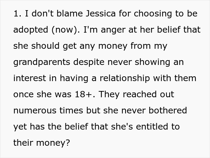 A woman choosing to be adopted by her stepmom and her brother refusing inheritance. A paragraph discusses Jessica's adoption and inheritance. A woman choosing to be adopted by her stepmom and her brother refusing inheritance. A paragraph discusses Jessica's adoption and inheritance.