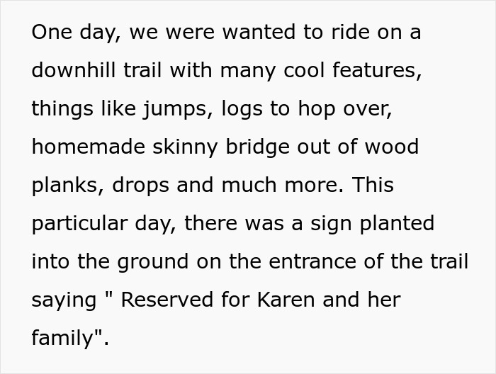 “Karen” Blocks Private Bike Trail Like She Owns The Place, Changes Tune When Actual Owner Appears “Karen” Blocks Private Bike Trail Like She Owns The Place, Changes Tune When Actual Owner Appears