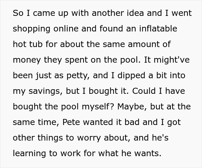 Text snippet detailing the idea to buy an inflatable hot tub after pool access was denied. Text snippet detailing the idea to buy an inflatable hot tub after pool access was denied.