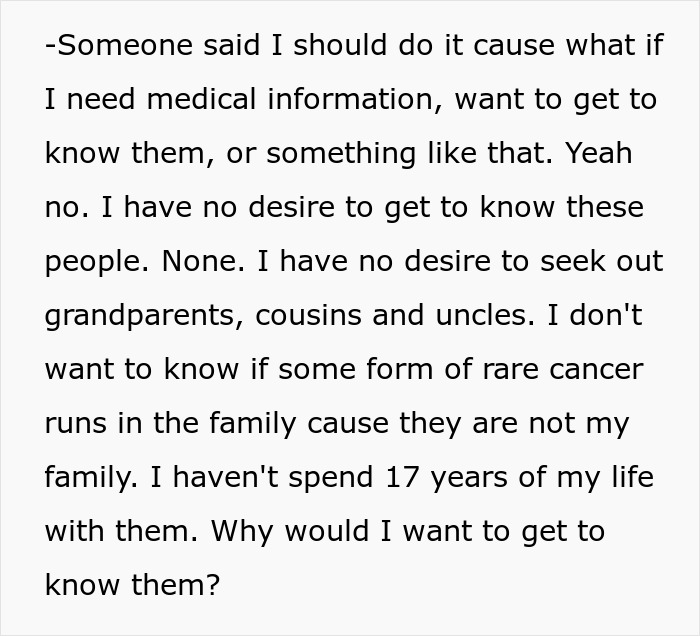 A screenshot showing text from an adopted teen not wanting to know birth parents or medical information. A screenshot showing text from an adopted teen not wanting to know birth parents or medical information.
