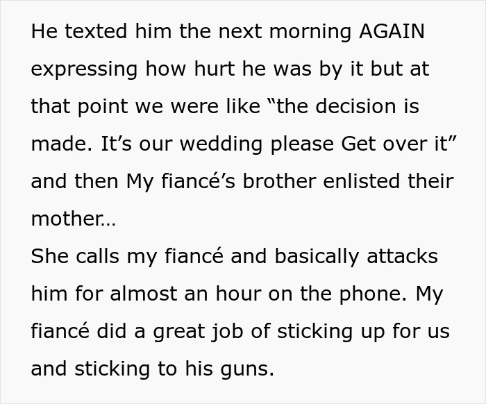 A screenshot of text detailing a continued wedding dispute, involving an in-law's escalating requests for the wedding.