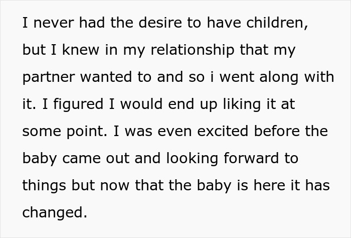 Screenshot of text describing Mom's confession about having a baby, initial feelings, and changes.