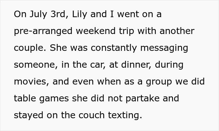 Text snippet: man finds wife's secret conversations during a weekend trip while she messages another guy. Text snippet: man finds wife's secret conversations during a weekend trip while she messages another guy.