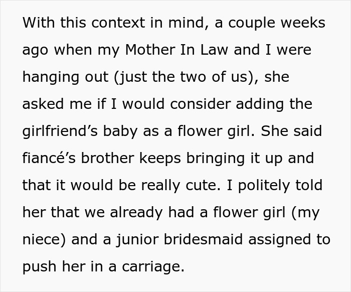 A screenshot from a wedding dispute story, detailing the in-laws request to add another flower girl to the wedding.