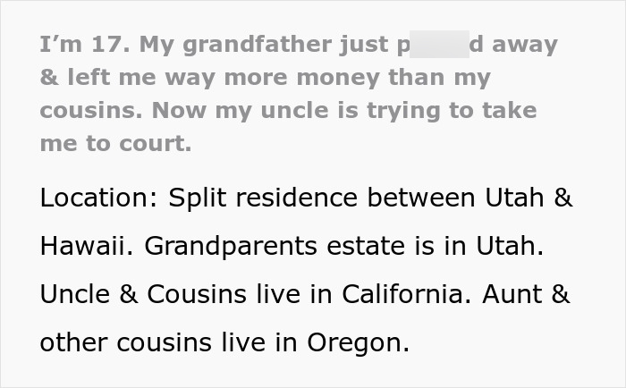 Grandparents Leave 5.2 Million To 17YO In Will, Estranged Uncle Tries To Prove It Was Manipulated Grandparents Leave 5.2 Million To 17YO In Will, Estranged Uncle Tries To Prove It Was Manipulated