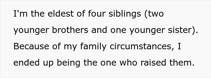 Screenshot of text detailing family circumstances as a primary caregiver for younger siblings. Screenshot of text detailing family circumstances as a primary caregiver for younger siblings.