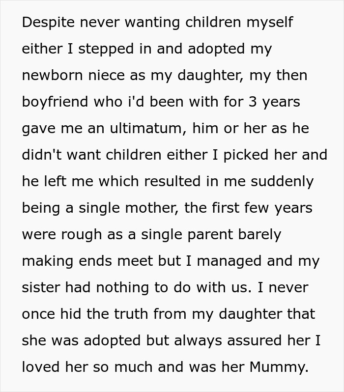 Text explaining a woman's decision to adopt her troubled sister's baby and become a single mother. Text explaining a woman's decision to adopt her troubled sister's baby and become a single mother.