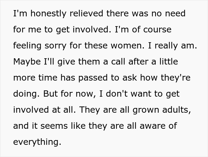 Text expressing relief about not getting involved in the exposed affairs of friends and their cheating spouses. Text expressing relief about not getting involved in the exposed affairs of friends and their cheating spouses.