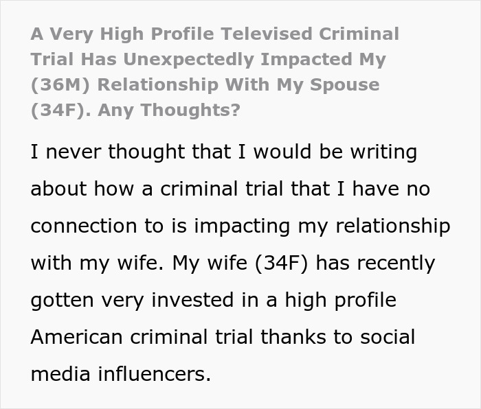 Screenshot of text discussing a wife's obsession with a criminal trial impacting a relationship.