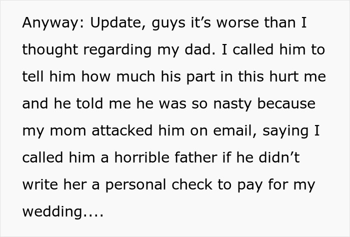 Mom Tries To Score A Free Wedding On Daughter’s Big Day, Gets Shut Down Fast By Furious Bride-To-Be Mom Tries To Score A Free Wedding On Daughter’s Big Day, Gets Shut Down Fast By Furious Bride-To-Be
