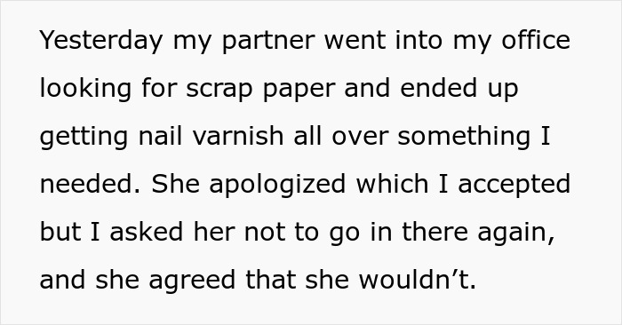 Screenshot of text describing a partner violating house boundaries in an office with nail varnish.