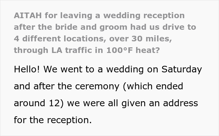 Screenshot of text detailing how wedding guests got tired of driving to different venues across LA.