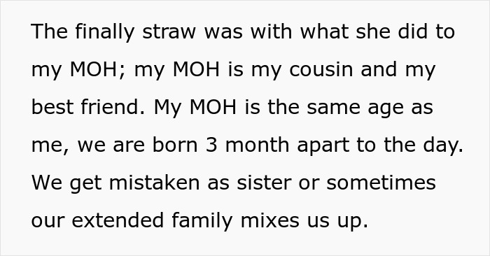 Text explaining the bride's deaf cousin is her MOH and best friend, close in age, often mistaken for sisters. Text explaining the bride's deaf cousin is her MOH and best friend, close in age, often mistaken for sisters.