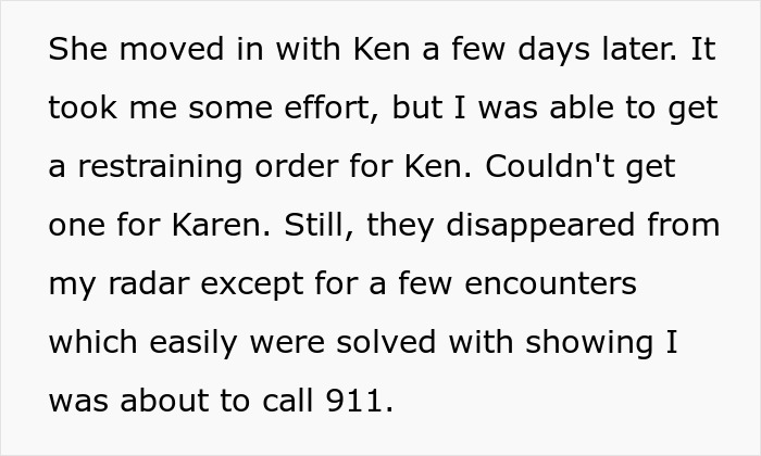 Text describing getting a restraining order against Ken after half-sis taunted her about infertility.