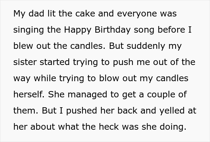 Screenshot of text: Spoiled sister tries to blow out brother's birthday candles, creating a nightmare for the brother and enabling mom. Screenshot of text: Spoiled sister tries to blow out brother's birthday candles, creating a nightmare for the brother and enabling mom.