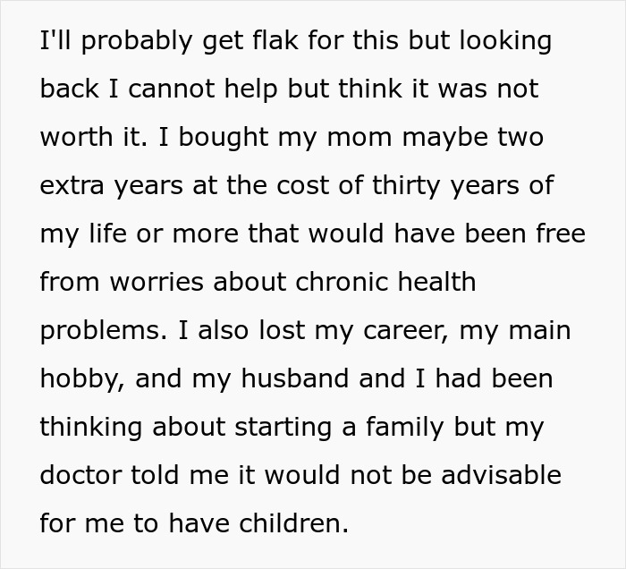 Text detailing the costly price paid by a woman who donated a kidney to her sick mom, leading to chronic health issues. Text detailing the costly price paid by a woman who donated a kidney to her sick mom, leading to chronic health issues.