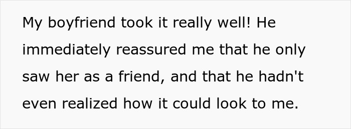 BF reassures GF about his female friends, stating the coworker is just a friend, addressing her concerns.
