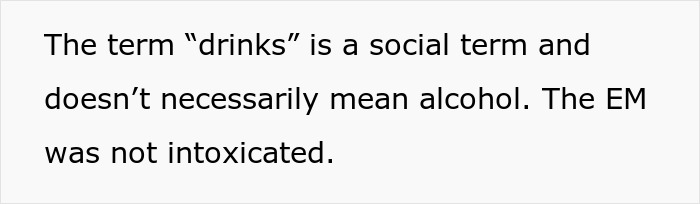 A screenshot of text clarifying the term 'drinks' in the context of an entitled parent's late behavior and nanny's reaction.
