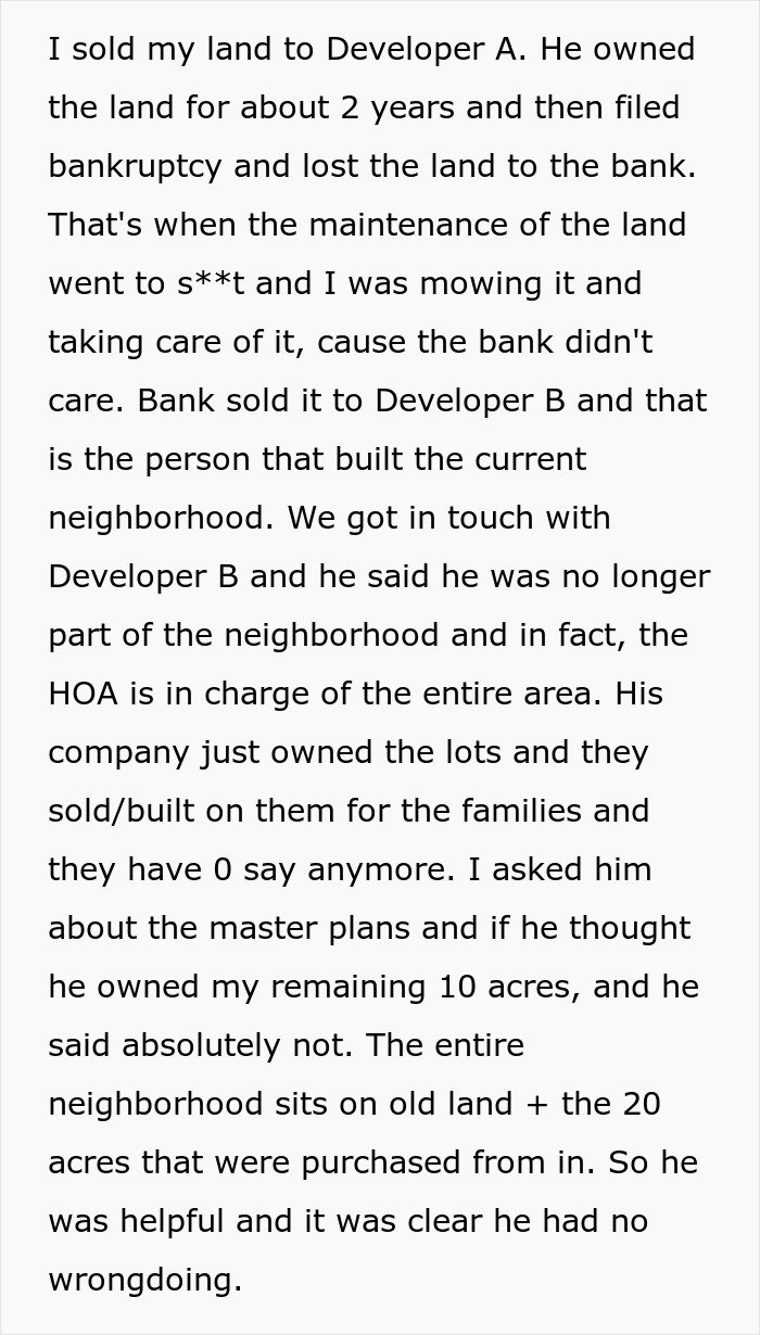 A text describing the resident's land sale and the HOA's secret scheme.