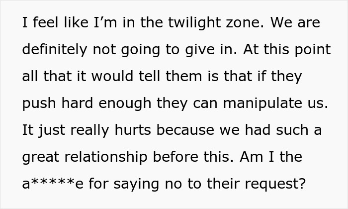 Wedding dispute with in-laws over a small request, causing family conflict. A person expresses feeling hurt and manipulated.