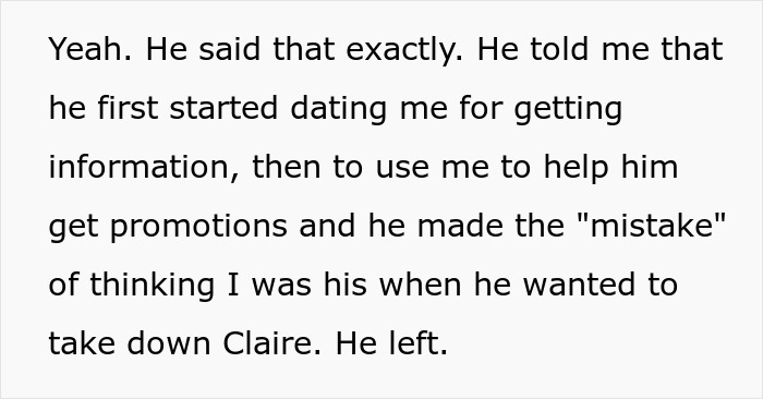 Further text detailing the BF's manipulation for promotions and desire to take down Claire, revealing dark secrets. Further text detailing the BF's manipulation for promotions and desire to take down Claire, revealing dark secrets.