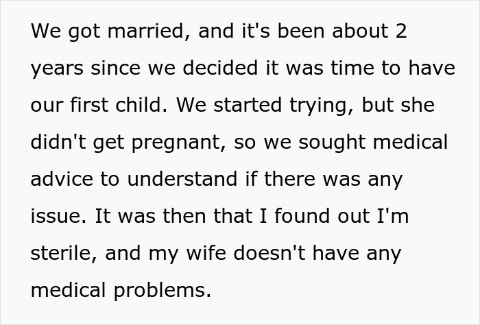 Screenshot of text about a couple trying to conceive for two years, discovering the husband is sterile.