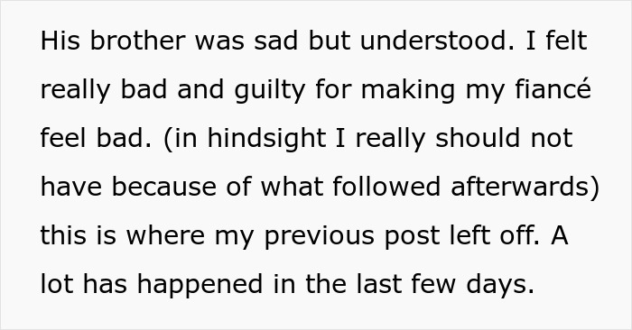 A screenshot from a wedding dispute story, showing text about feeling guilty for upsetting a fiancé over an in-laws' request.