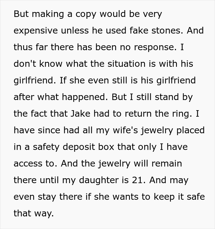 Dad secures wife's jewelry, including the stolen family heirloom, after his son's actions. Dad secures wife's jewelry, including the stolen family heirloom, after his son's actions.