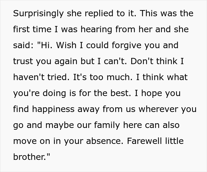Text showing a sister's reply, unable to forgive after a violent fight with sister as a teen, wishing him well.