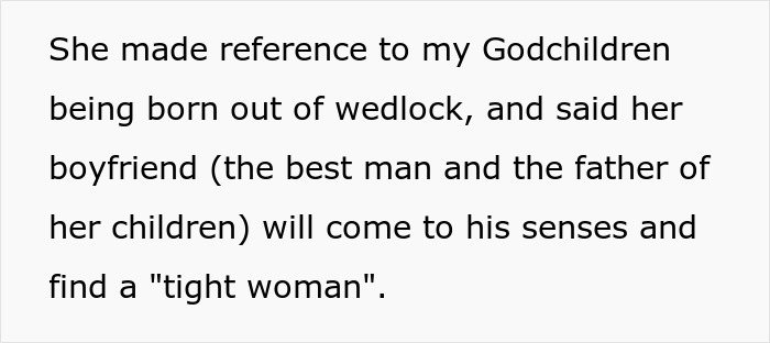 Text stating the SIL made offensive remarks about the bride's godchildren and her boyfriend at the wedding. Text stating the SIL made offensive remarks about the bride's godchildren and her boyfriend at the wedding.