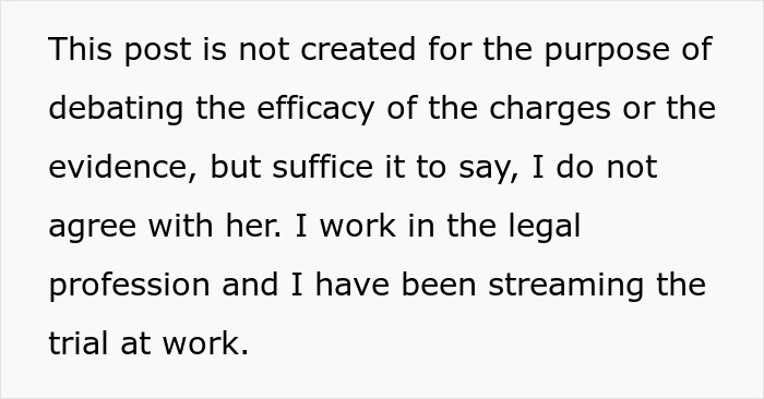 Text stating disagreement with a wife's criminal trial theories by someone in the legal profession.