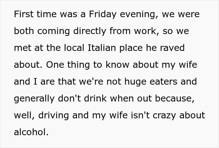 Text snippet: The couple met neighbors for dinner at an Italian place, not realizing they would pay bills. Text snippet: The couple met neighbors for dinner at an Italian place, not realizing they would pay bills.