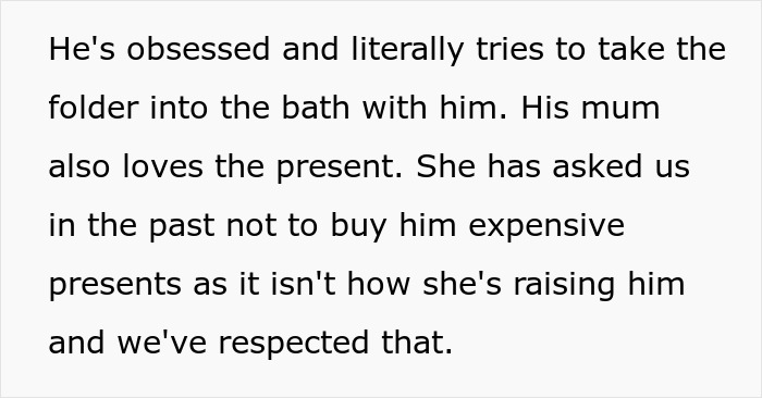A screenshot showing text about buying stepson love with gifts. The stepson is obsessed with a present and tries to take it everywhere.