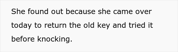 A screenshot showing text detailing the sister's discovery of changed home locks after trying an old key. A screenshot showing text detailing the sister's discovery of changed home locks after trying an old key.