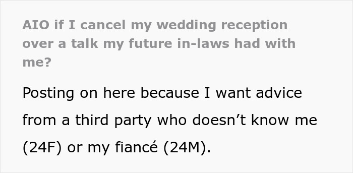 Screenshot of text asking if cancelling a wedding reception over in-laws marriage advice is okay. Screenshot of text asking if cancelling a wedding reception over in-laws marriage advice is okay.