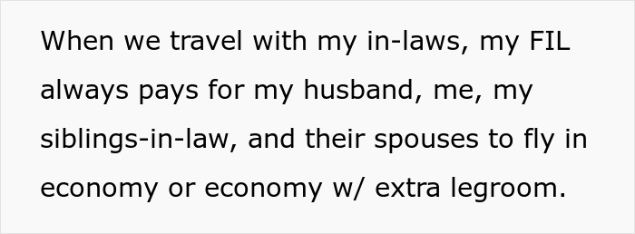 Text explaining how in-laws pay for economy flight tickets on a family trip. Text explaining how in-laws pay for economy flight tickets on a family trip.