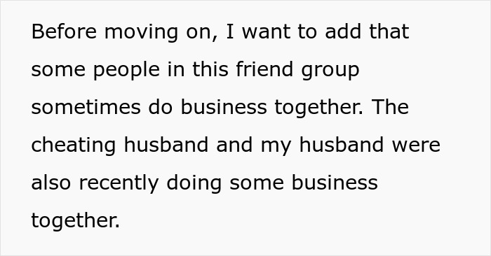 Text explaining business ties within a friend group, including the cheating husband, before the group vacation. Text explaining business ties within a friend group, including the cheating husband, before the group vacation.