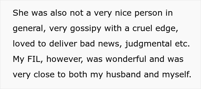 Text describing the ex-MIL as gossipy and judgmental, contrasting with a wonderful FIL. Text describing the ex-MIL as gossipy and judgmental, contrasting with a wonderful FIL.