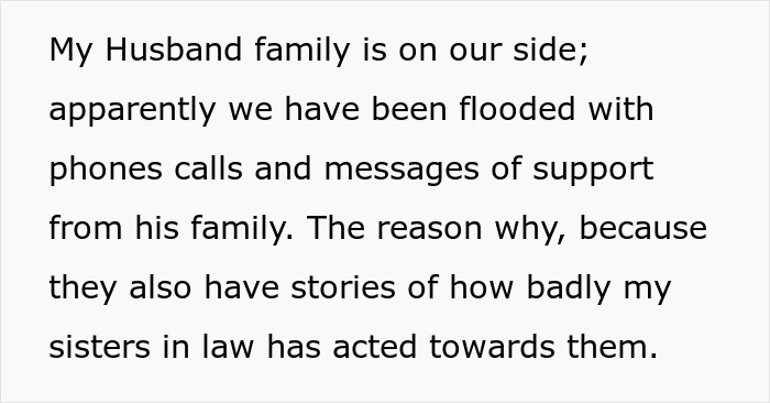 Text update describing how the husband's family supports the bride, sharing stories about the sister-in-law's past bullying behavior. Text update describing how the husband's family supports the bride, sharing stories about the sister-in-law's past bullying behavior.