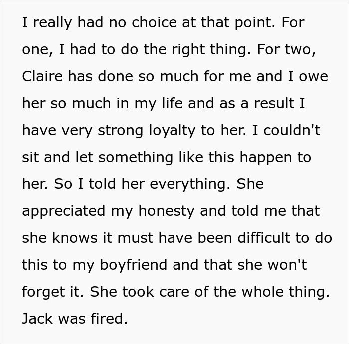 The text details how loyalty to a bestie led to a boyfriend's dark secrets spilling out and his firing. The text details how loyalty to a bestie led to a boyfriend's dark secrets spilling out and his firing.
